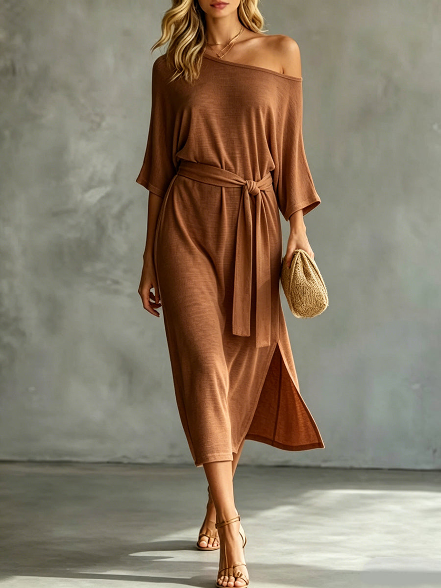 Sofía | Vestido Midi Off-Shoulder de Lino con Cinturón y Manga Amplia