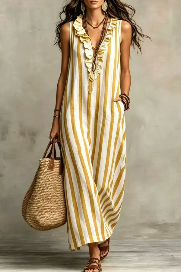 Lucía | Vestido Maxi de Lino Sin Mangas con Rayas Verticales y Bolsillos