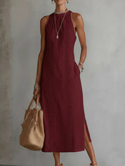 Leonor | Vestido Midi de Lino con Cuello Mao