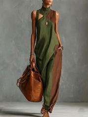 Elena | Vestido Maxi de Lino Sin Mangas con Cuello Alto y Abertura Lateral