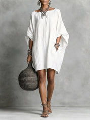 Carmen | Vestido Túnica Oversized de Lino con Manga Murciélago y Cuello Redondo