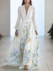 Isabel | Vestido Maxi Bicolor con Top de Manga Bufante y Falda Floral en Chiffon