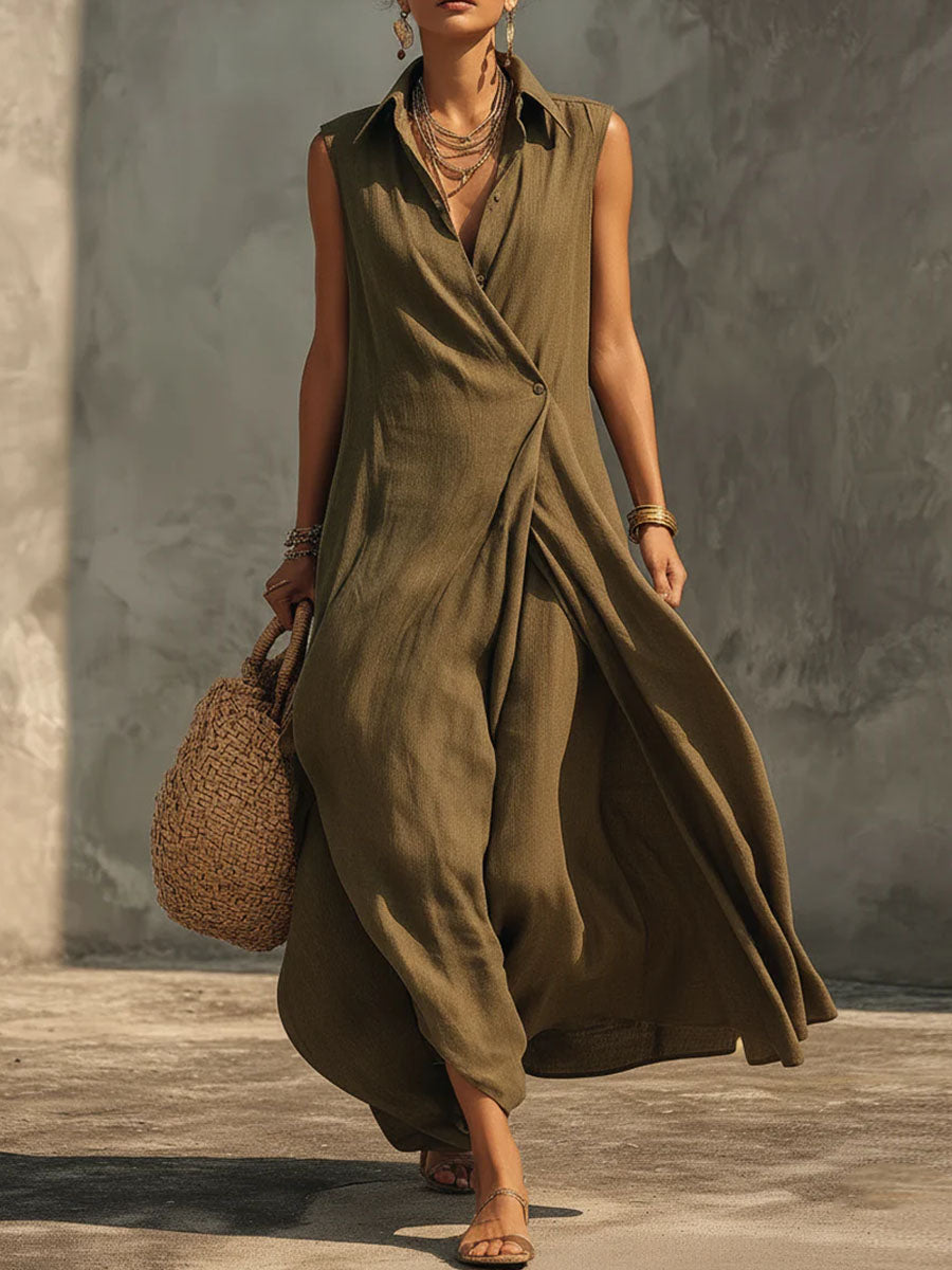 Valeria | Vestido Maxi de Lino Sin Mangas con Cuello Camisero