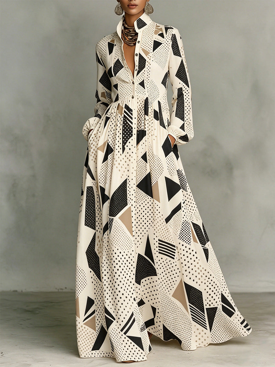 Elena | Vestido Maxi Camisero con Estampado Geométrico y Manga Larga