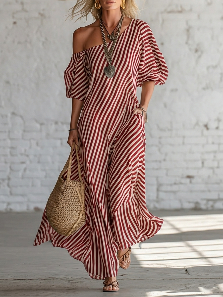 Sofía | Vestido Maxi Off-Shoulder con Estampado de Lunares y Manga Amplia