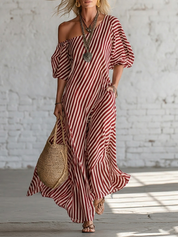 Sofía | Vestido Maxi Off-Shoulder con Estampado de Lunares y Manga Amplia