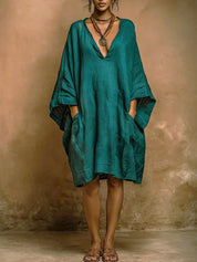 Adriana | Vestido Túnica Midi de Seda con Manga Murciélago y Escote V Profundo