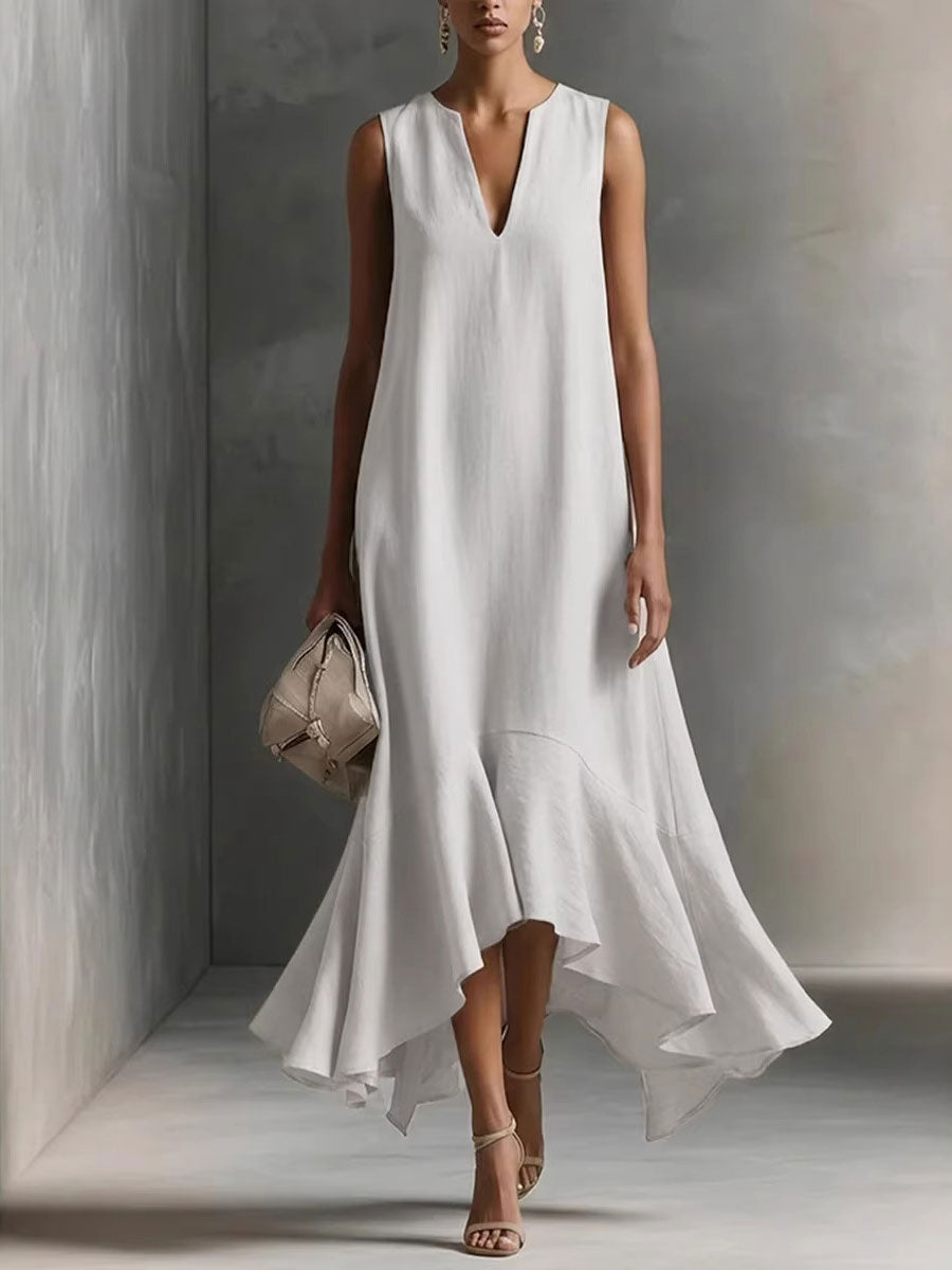 Adriana | Vestido Maxi de Tejido Satinado con Escote en V y Bajo Irregular
