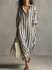 Valeria | Vestido Maxi Camisero de Lino a Rayas con Bajo Asimétrico y Bolsillos