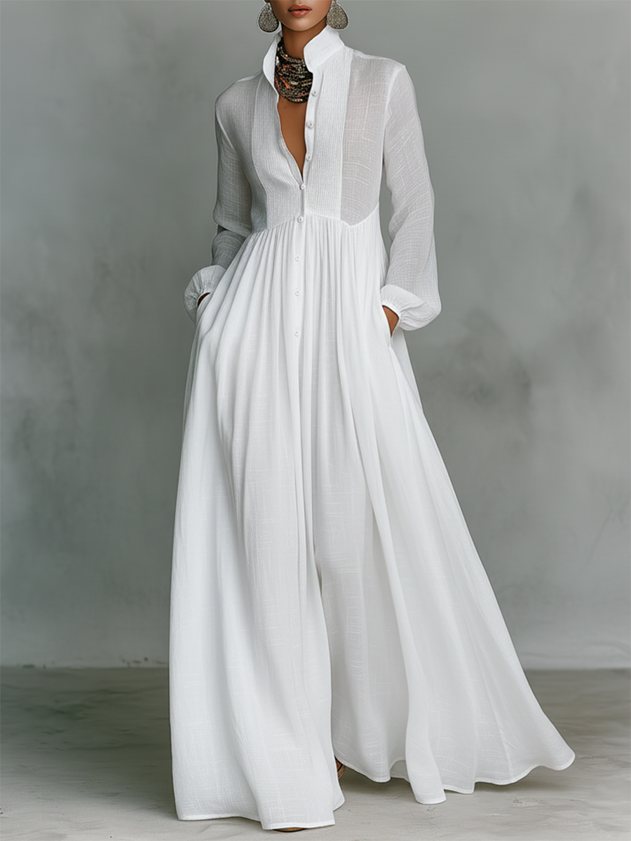 Lucía | Vestido Maxi Camisero de Manga Larga con Falda Amplia y Bolsillos