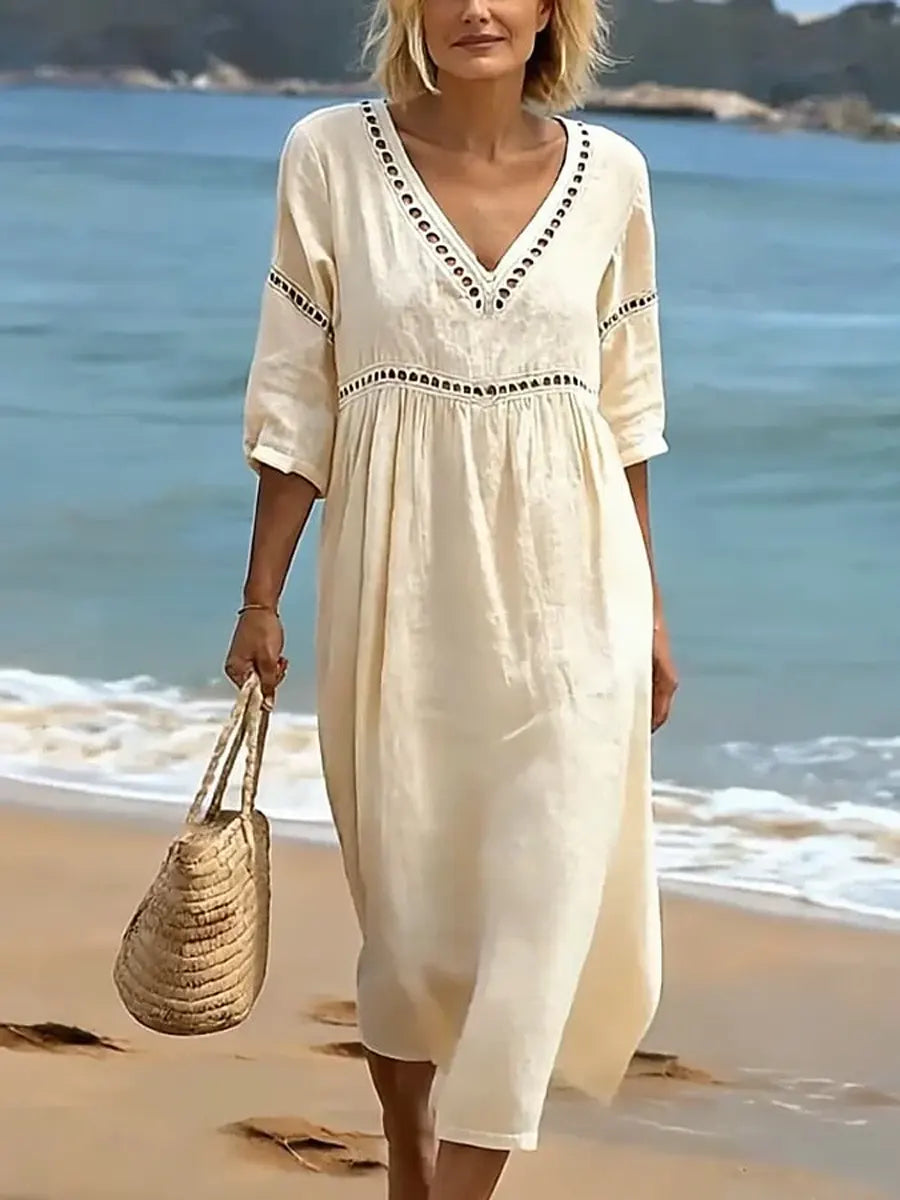 Sofía | Vestido Maxi Boho de Lino con Escote V y Manga Larga Suelta