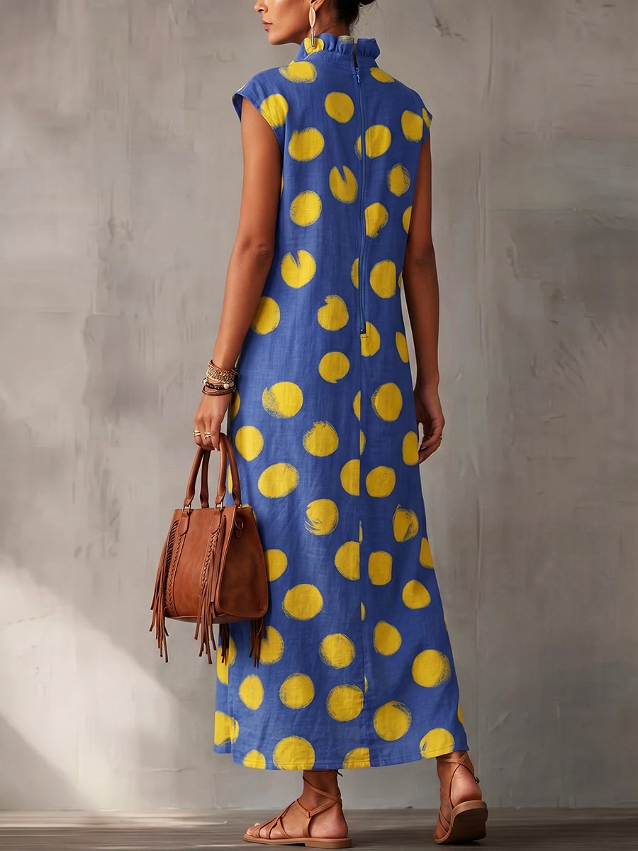 Carmen | Vestido Maxi Sin Mangas con Estampado de Lunares y Cuello Camisero